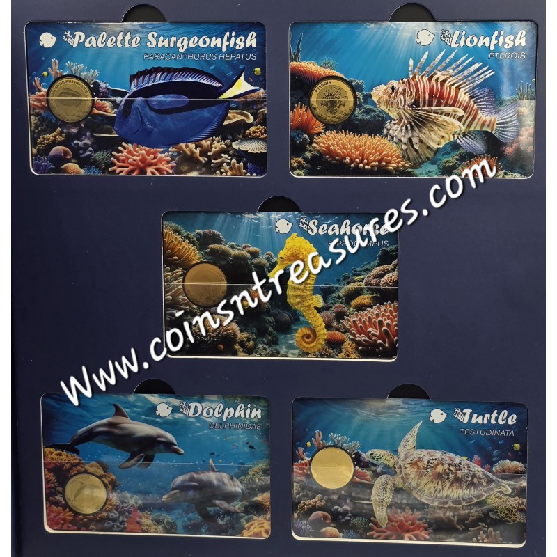 Ocean Fish collection 1/1000 Oz .999 Gold 5 coin cards in Album GOLD AND SILVER BULLION