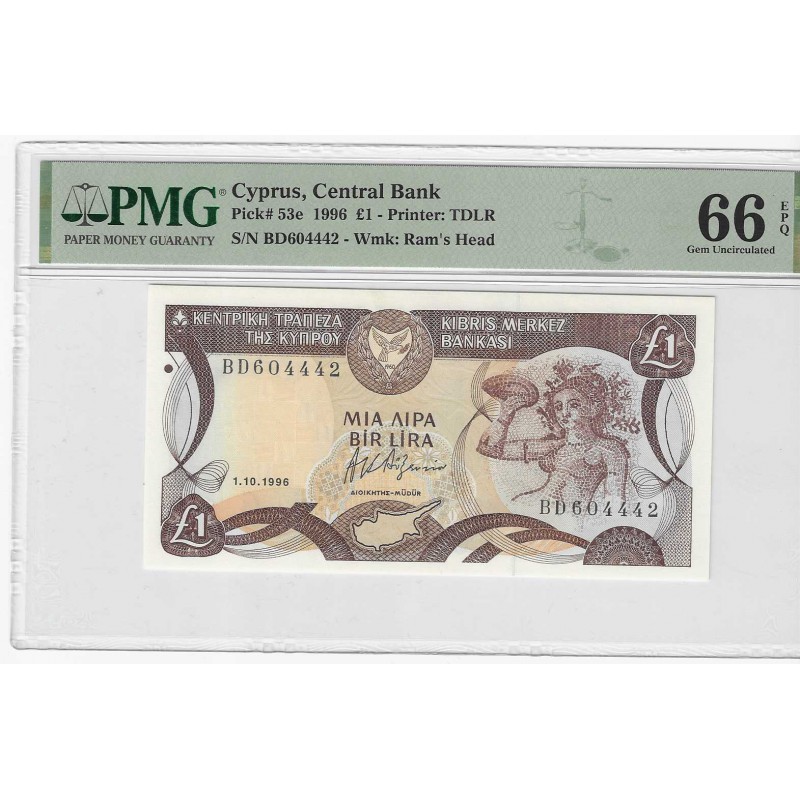 CYPRUS 1 POUND BANKNOTE 1996 PMG 66 EPQ P53e WORLD BANKNOTES