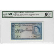 CYPRUS 250 MILS 1957 BANKNOTE QEII UNC PMG 66 EPQ p33a