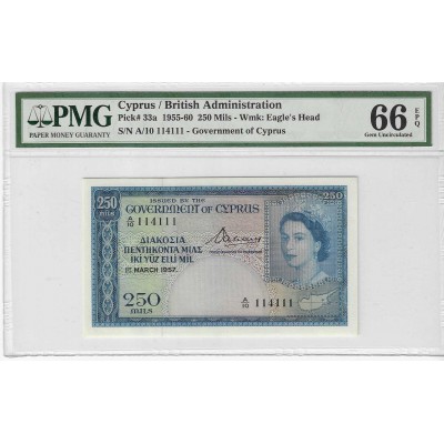 CYPRUS 250 MILS 1957 BANKNOTE QEII UNC PMG 66 EPQ p33a