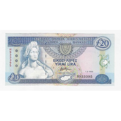 CYPRUS 20 POUNDS 1993 BANKNOTE GEM UNC p56b