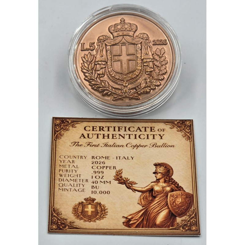 ITALIA First Bullion1 Oz Copper Round Italy 2026 GOLD AND SILVER BULLION