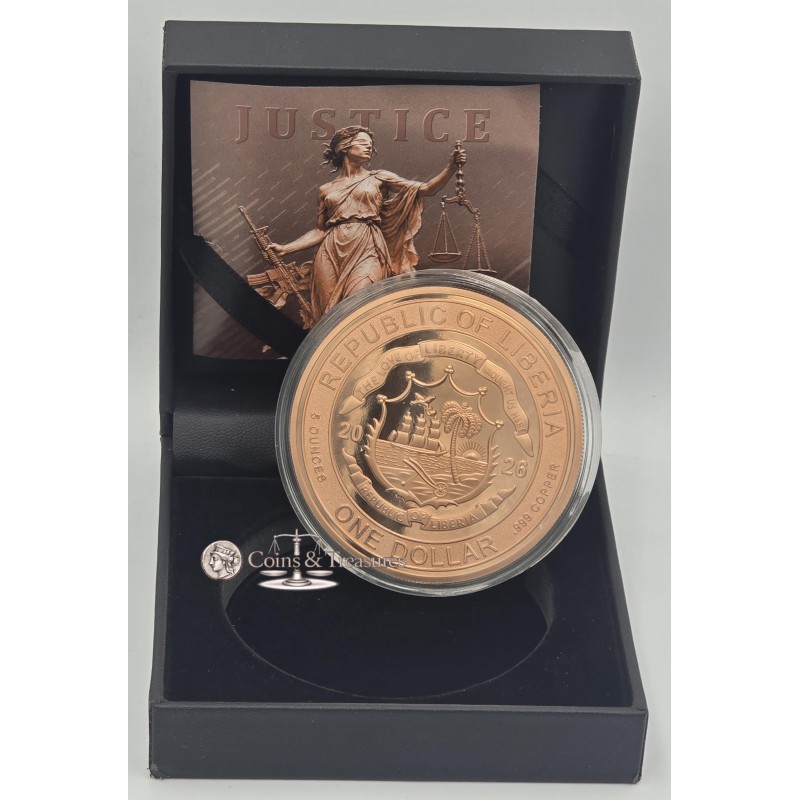 LADY JUSTICE Reverse Proof 5 Oz Copper 999 Coin Liberia 2026 GOLD AND SILVER BULLION