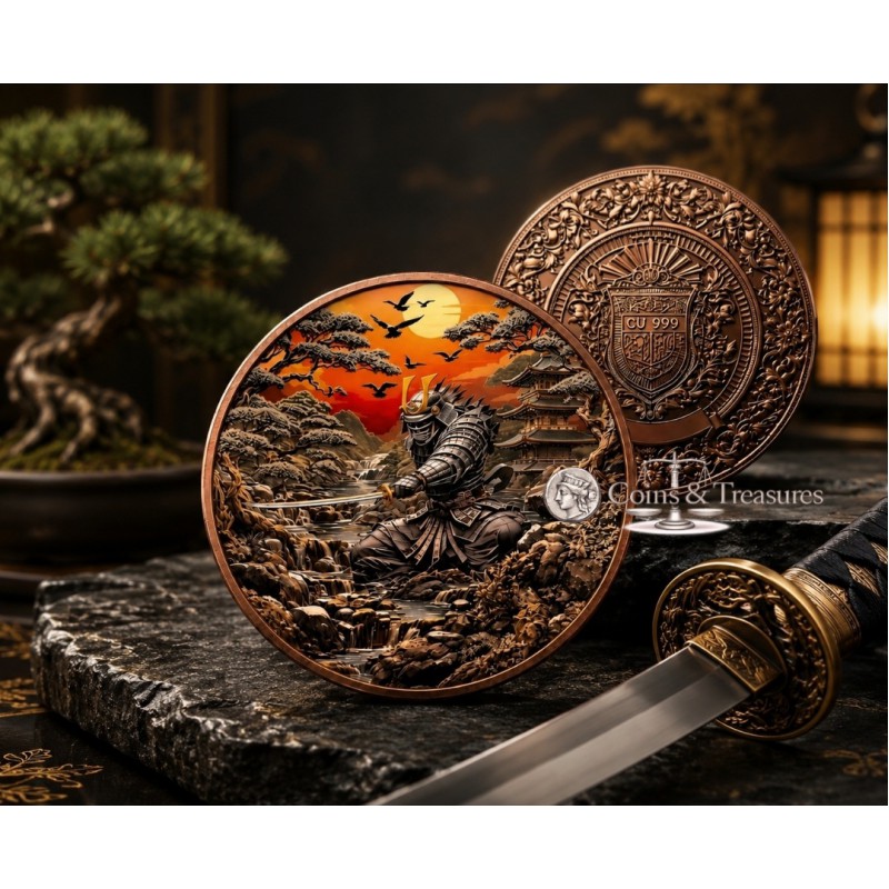 Ancient Warriors Samurai 5 oz Colorized Copper 999 Coin GOLD AND SILVER BULLION
