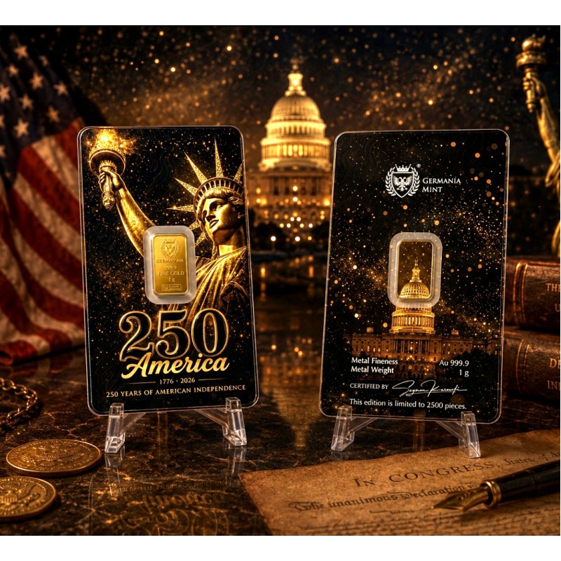 Germania Mint Pure Gold bar 999.9 1 gr American Independence GOLD AND SILVER BULLION