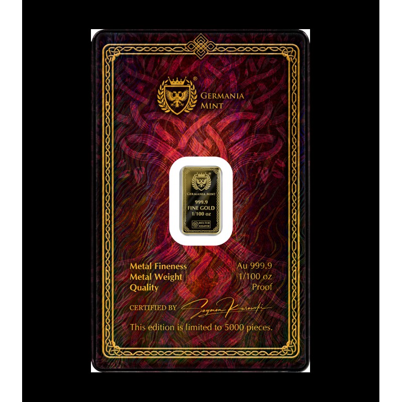 Gods of Germania Frigg 1/100 oz Pure Gold bar 999.9 sealed in Blister pack GOLD AND SILVER BULLION