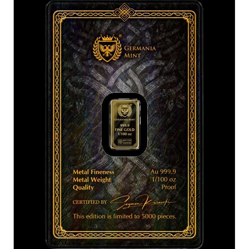 Gods of Germania Odin 1/100 oz Pure Gold bar 999.9 sealed in Blister pack GOLD AND SILVER BULLION