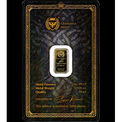 Gods of Germania Thor 1/100 oz Pure Gold bar 999.9