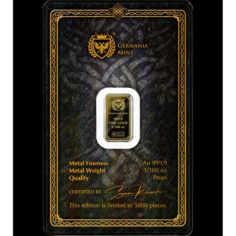 Gods of Germania Thor 1/100 oz Pure Gold bar 999.9 GOLD AND SILVER BULLION