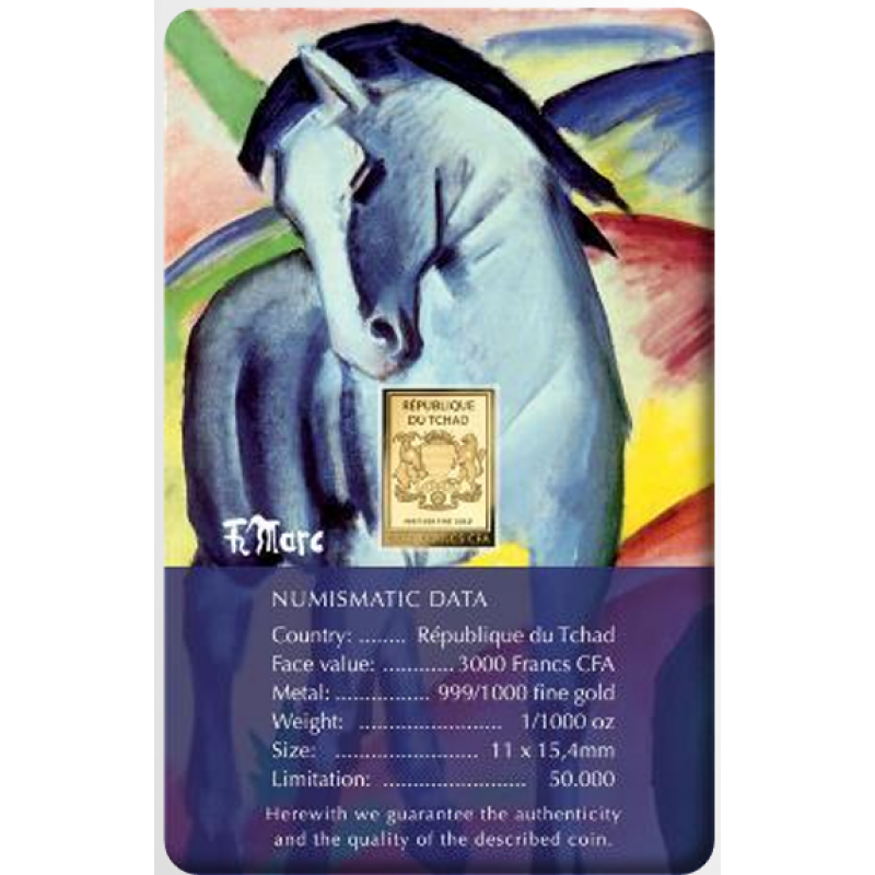 Franz Marc Blue Horse 1/1000 Oz Gold Coin 3000 Francs Chad 2024 GOLD AND SILVER BULLION