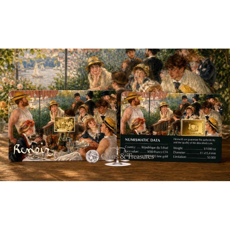Renoir The Rowers Breakfast 1/1000 Oz Gold Coin 3000 Francs Chad 2024 GOLD AND SILVER BULLION