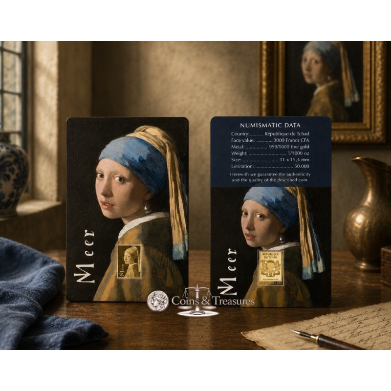 Vermeer Girl with a Pearl Earring 1/1000 Oz Gold Coin 3000 Francs Chad 2024 GOLD AND SILVER BULLION