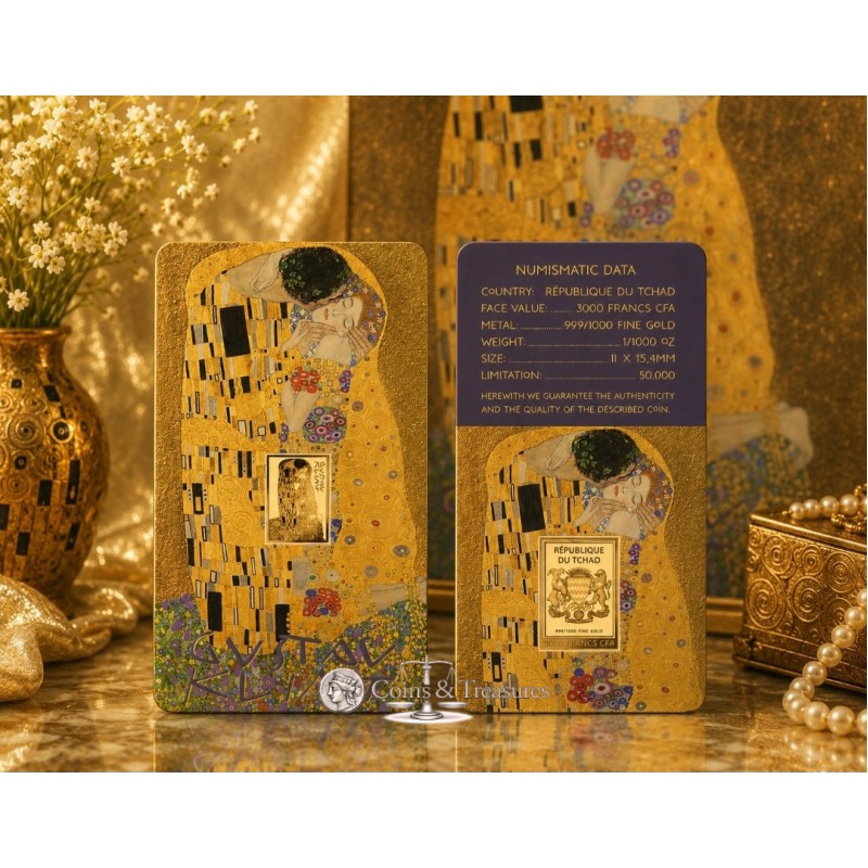 Gustav Klimt The Kiss 1/1000 Oz Gold Coin 3000 Francs Chad 2024 GOLD AND SILVER BULLION