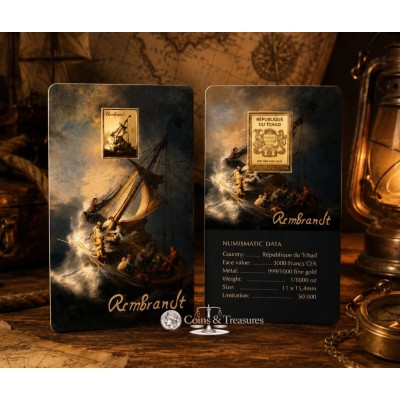The Storm on Galilee By Rembrandt 1/1000 Oz 999 Gold Coin Bar 3000 Francs Chad
