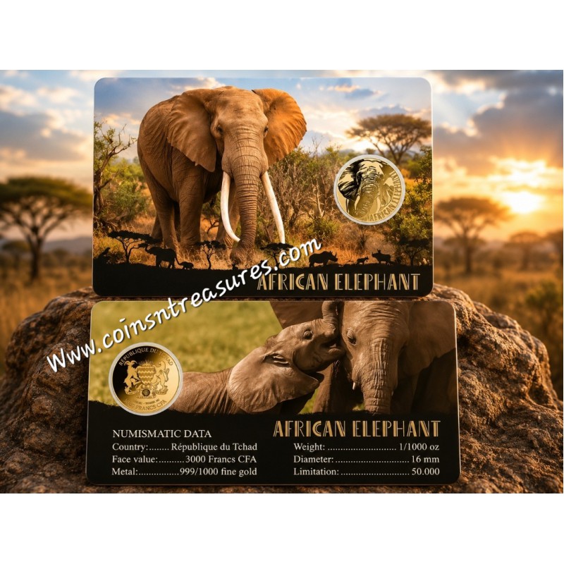 AFRICAN ELEPHANT 1/1000 Oz Gold Coin 3000 Francs Chad 2024 GOLD AND SILVER BULLION