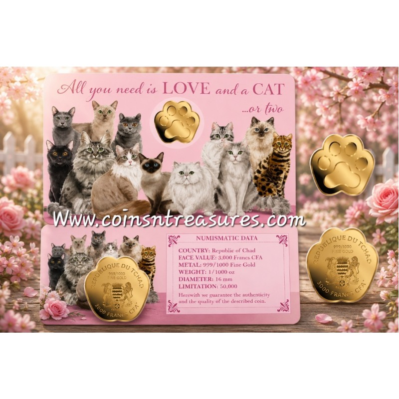 LOVE CATS 1/1000 Oz Gold .999 Coin 3000 Francs Chad 2023 GOLD AND SILVER BULLION