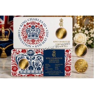 KING CHARLES CORONATION  1/1000 Oz .999 Gold in Coin card 2024