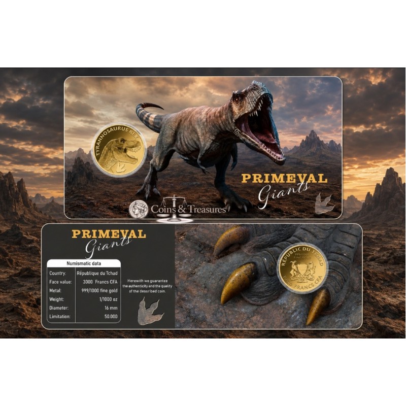 TYRANNOSAURUS REX 1/1000 Oz Gold Coin 3000 Francs Chad 2023 GOLD AND SILVER BULLION