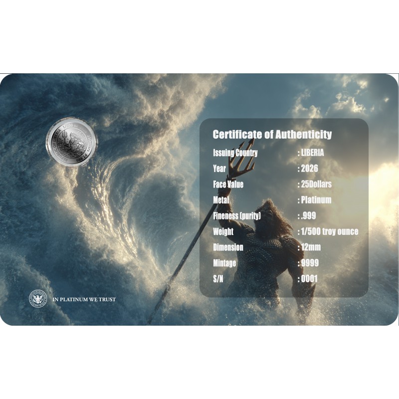Poseidon 2026 Liberia 1/500 oz .999 Platinum Coin in Card GOLD AND SILVER BULLION