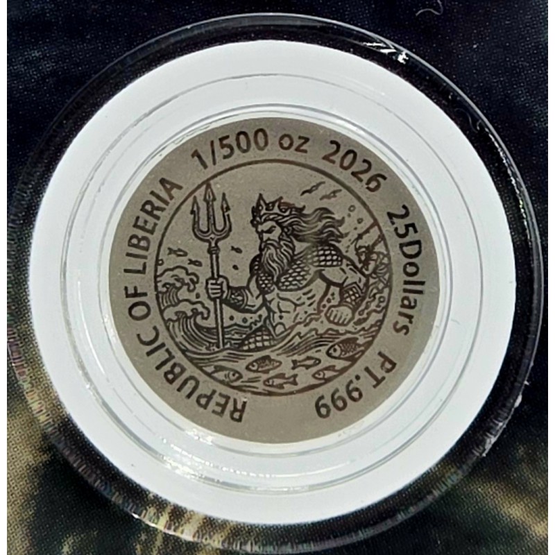 Poseidon 2026 Liberia 1/500 oz .999 Platinum Coin in Card GOLD AND SILVER BULLION