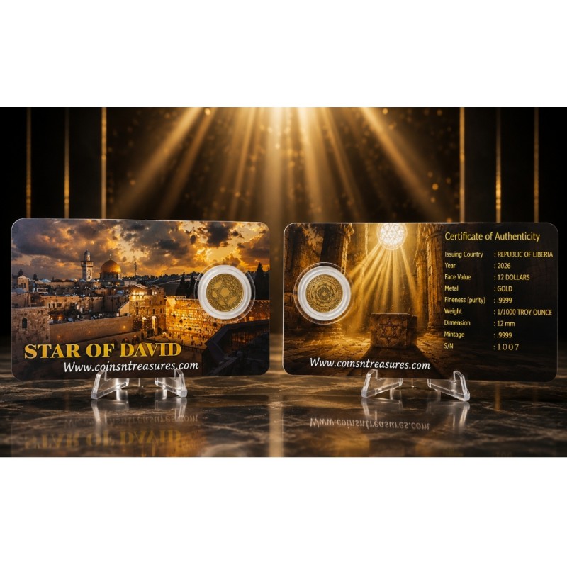STAR OF DAVID 1/1000 Gold Coin 12$ Liberia 2026 GOLD AND SILVER BULLION