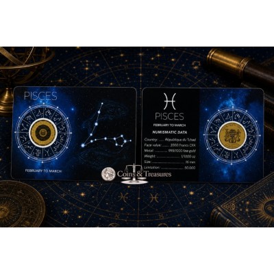 ZODIAC SIGNS PISCES 1/1000 Oz Gold Coin 3000 Francs Chad