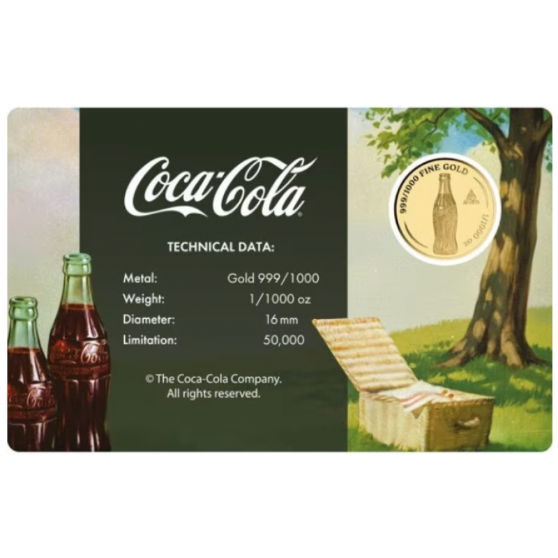 COCA COLA Vintage collection 1/1000 Oz .999 Gold 3 coin cards in Album GOLD AND SILVER BULLION