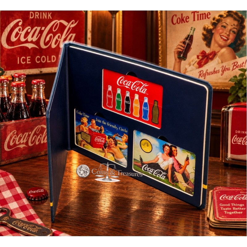 COCA COLA Vintage collection 1/1000 Oz .999 Gold 3 coin cards in Album GOLD AND SILVER BULLION