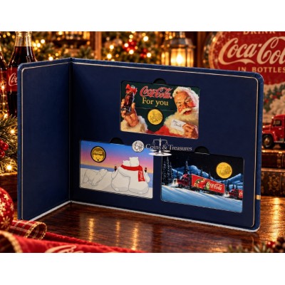 Coca Cola Christmas 1/1000 Oz .999 Gold 3 coin cards Album