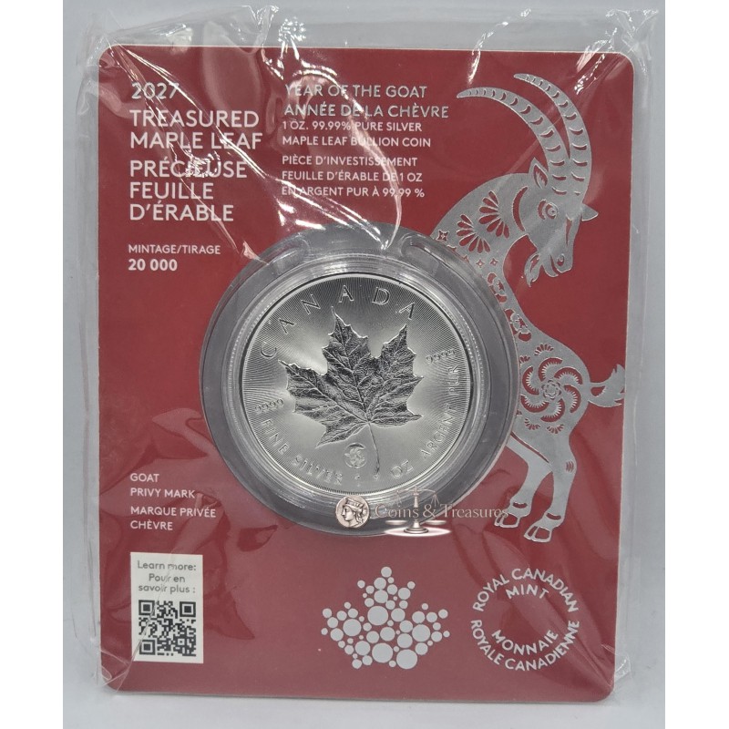 Treasured Silver Maple Leaf 1 oz 2027 Year of the Goat Privy Mark Silver 999 Coin  GOLD AND SILVER BULLION