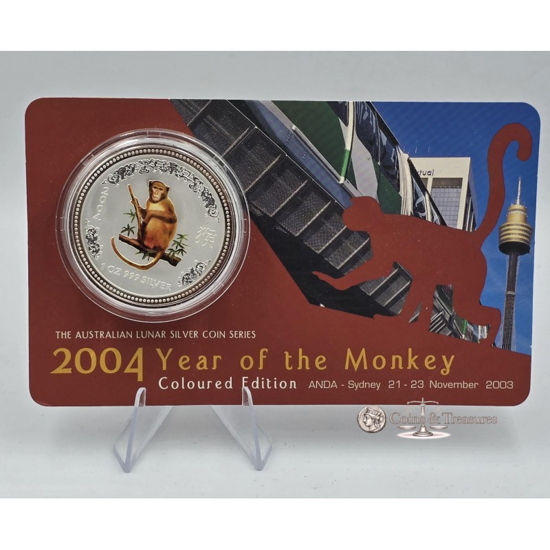 Australian 2004 Colored Year of the Monkey 1oz Silver Coin in Mint Pack  GOLD AND SILVER BULLION
