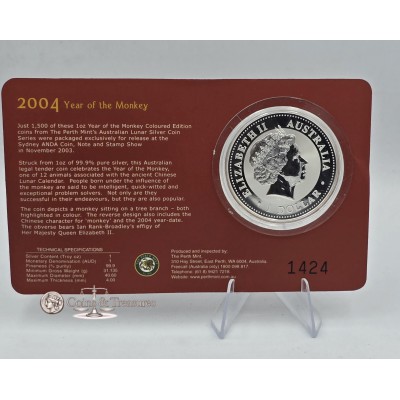 Australian 2004 Colored Year of the Monkey 1oz Silver Coin in Mint Pack 