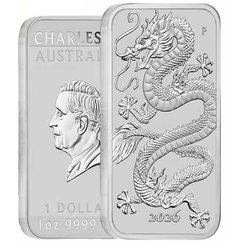 Australia 2026 Perth Mint Dragon Silver Coin Bar 1 oz .9999 GOLD AND SILVER BULLION