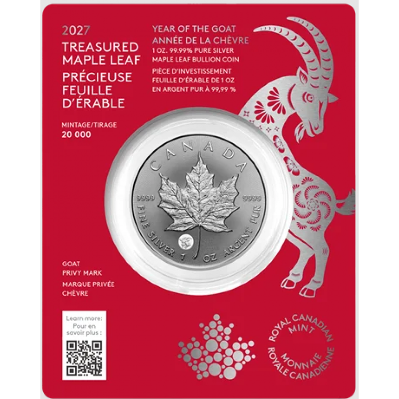 Treasured Silver Maple Leaf 1 oz 2027 Year of the Goat Privy Mark Silver 999 Coin  GOLD AND SILVER BULLION