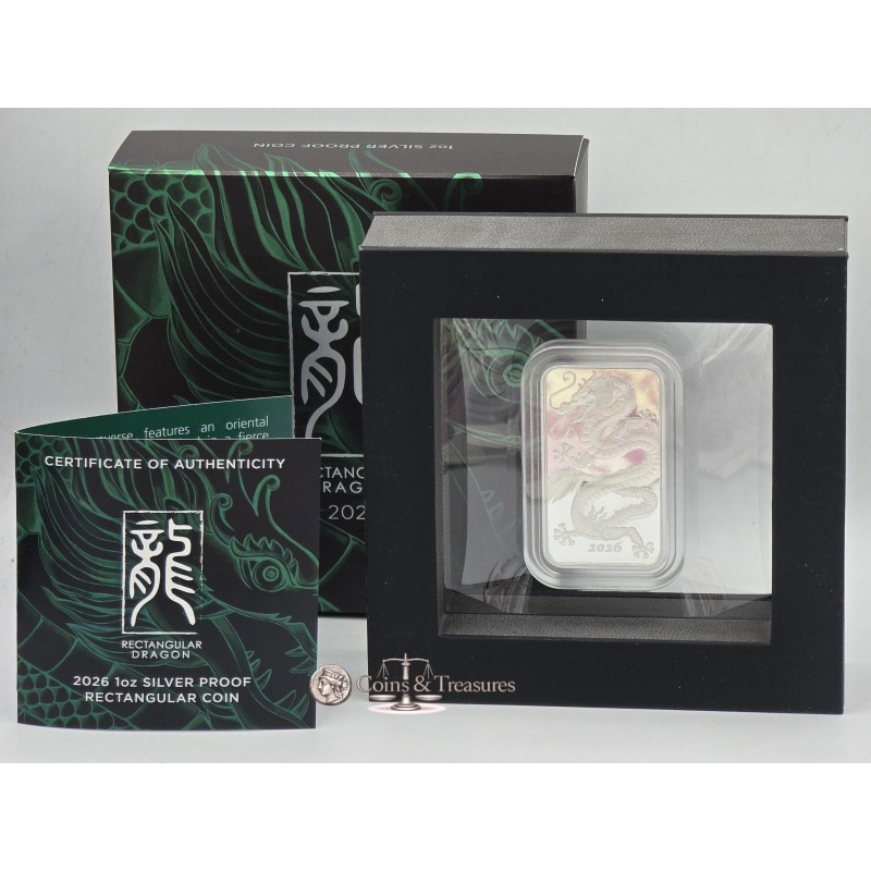 Australia 1 oz Silver 2026 Rectangular Dragon Proof coin bar GOLD AND SILVER BULLION