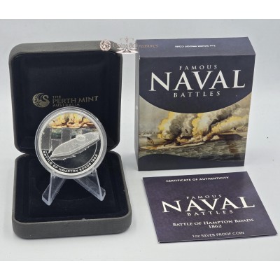 HAMPTON ROADS Famous Naval Battles 1862 Silver Coin Cook Islands 2010