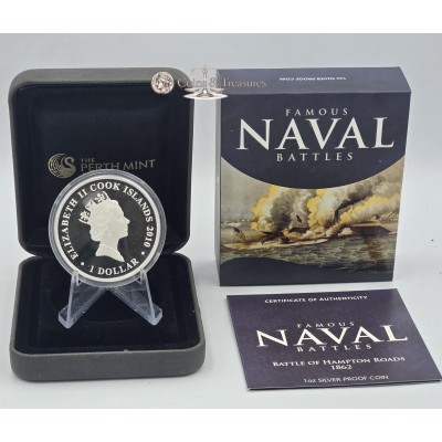 HAMPTON ROADS Famous Naval Battles 1862 Silver Coin Cook Islands 2010