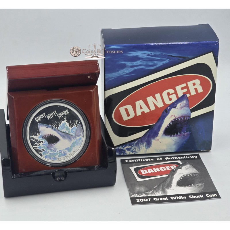 GREAT WHITE SHARK Deadly Dangerous Silver Coin Tuvalu 2007 GOLD AND SILVER BULLION