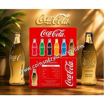 COCA COLA Bottle Shape 1/1000 Oz Gold Coin 3000 Francs Chad 2023