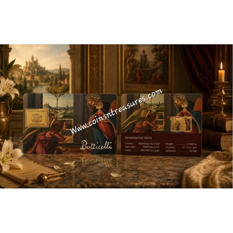 Botticelli Cestello Annunciation 1/1000 Oz Gold Coin 3000 Francs Chad 2024 GOLD AND SILVER BULLION