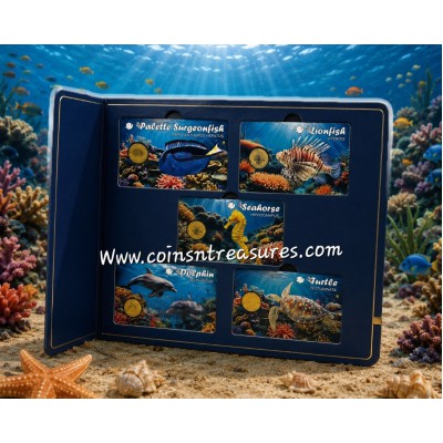 Ocean Fish collection 1/1000 Oz .999 Gold 5 coin cards in Album
