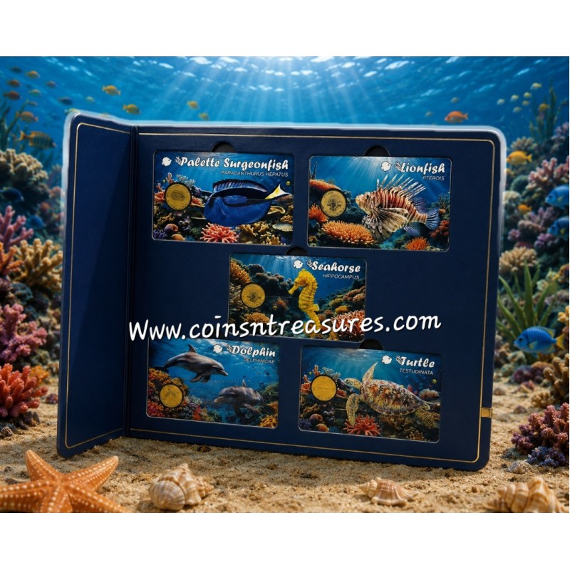 Ocean Fish collection 1/1000 Oz .999 Gold 5 coin cards in Album GOLD AND SILVER BULLION