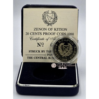 CYPRUS 1988 PROOF 20 CENT ZENON KITIEUS 1989 COIN