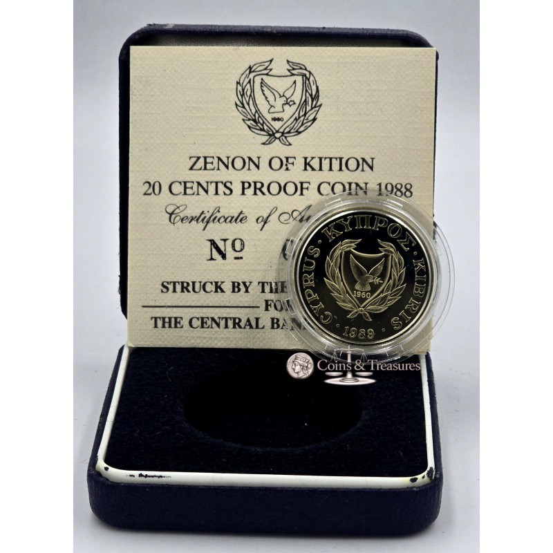 CYPRUS 1988 PROOF 20 CENT ZENON KITIEUS 1989 COIN WORLD COINS