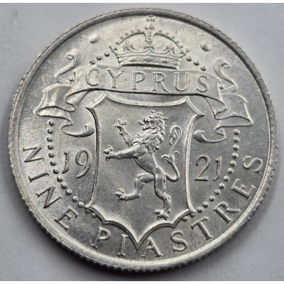 CYPRUS 9 SILVER PIASTRE COIN 1921 IN TOP UNC CONDITION