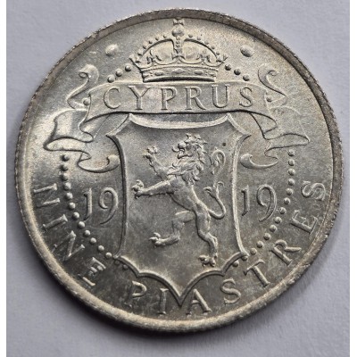 CYPRUS 9 SILVER PIASTRE COIN 1919 IN TOP UNC CONDITION