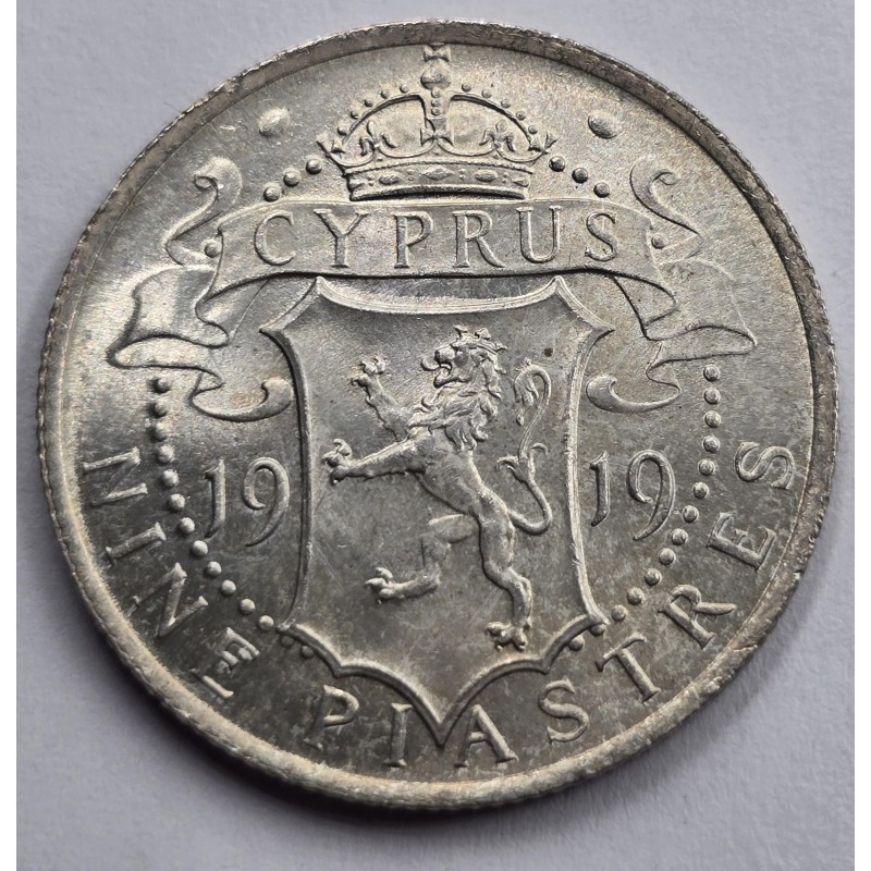 CYPRUS 9 SILVER PIASTRE COIN 1919 IN TOP UNC CONDITION WORLD COINS
