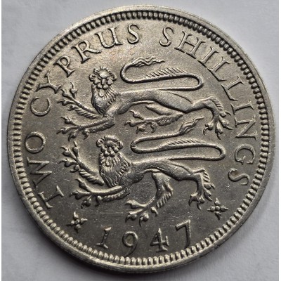 CYPRUS TWO SHILLINGS COIN 1947 KGVI AU 