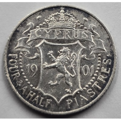 CYPRUS 4.5 SILVER PIASTRE COIN 1901 QUEEN VICTORIA AU