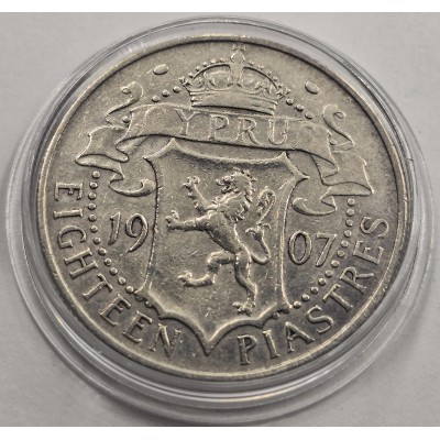 CYPRUS SILVER 18 PIASTRES 1907 KING EDWARD COIN VF-EXF